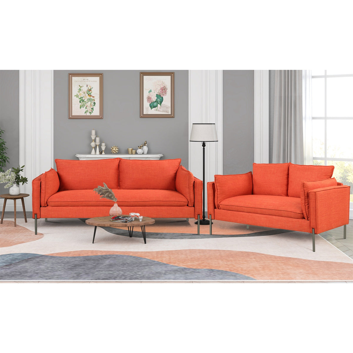 Orange Linen Loveseat and 3 Seat Couch Set B20519