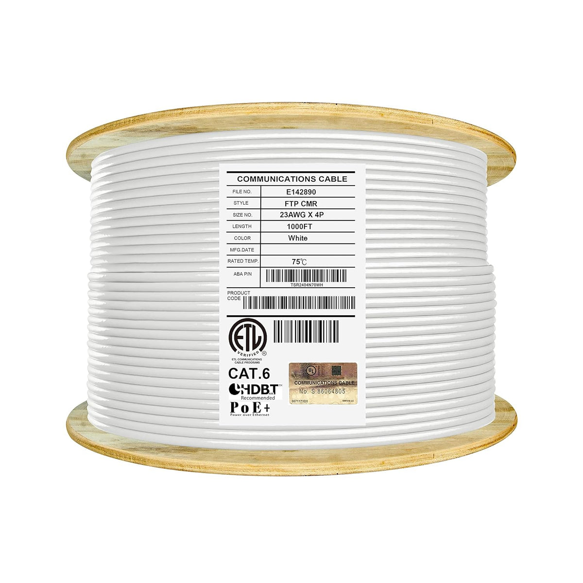 Bulk Ethernet Cable Reel, Cat6 Shielded Riser, 1000ft, Black M558274