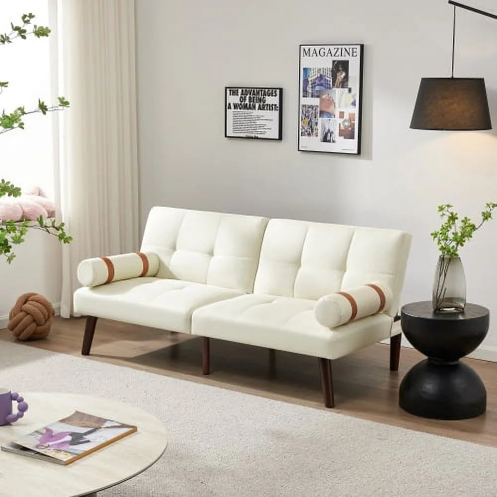 Ivory Linen Convertible Sofa Bed Futon with Solid Wood Legs W580