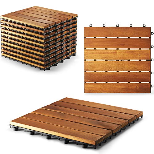 Interlocking Deck Tile (Pack of 10, 12"x12") Acacia Hardwood Patio Tile in Solid Acacia Wooden Oiled Finish Waterproof Golden Teak Color T835