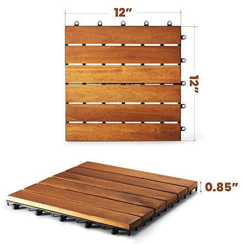Interlocking Deck Tile (Pack of 10, 12"x12") Acacia Hardwood Patio Tile in Solid Acacia Wooden Oiled Finish Waterproof Golden Teak Color T835