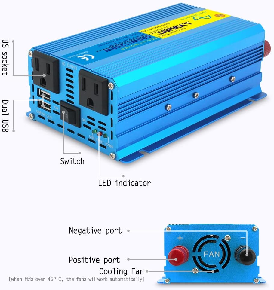 Pure Sine Wave Inverter 500 Watts 12V to 110V DC to AC with Dual AC Sockets and Dual USB Ports H695
