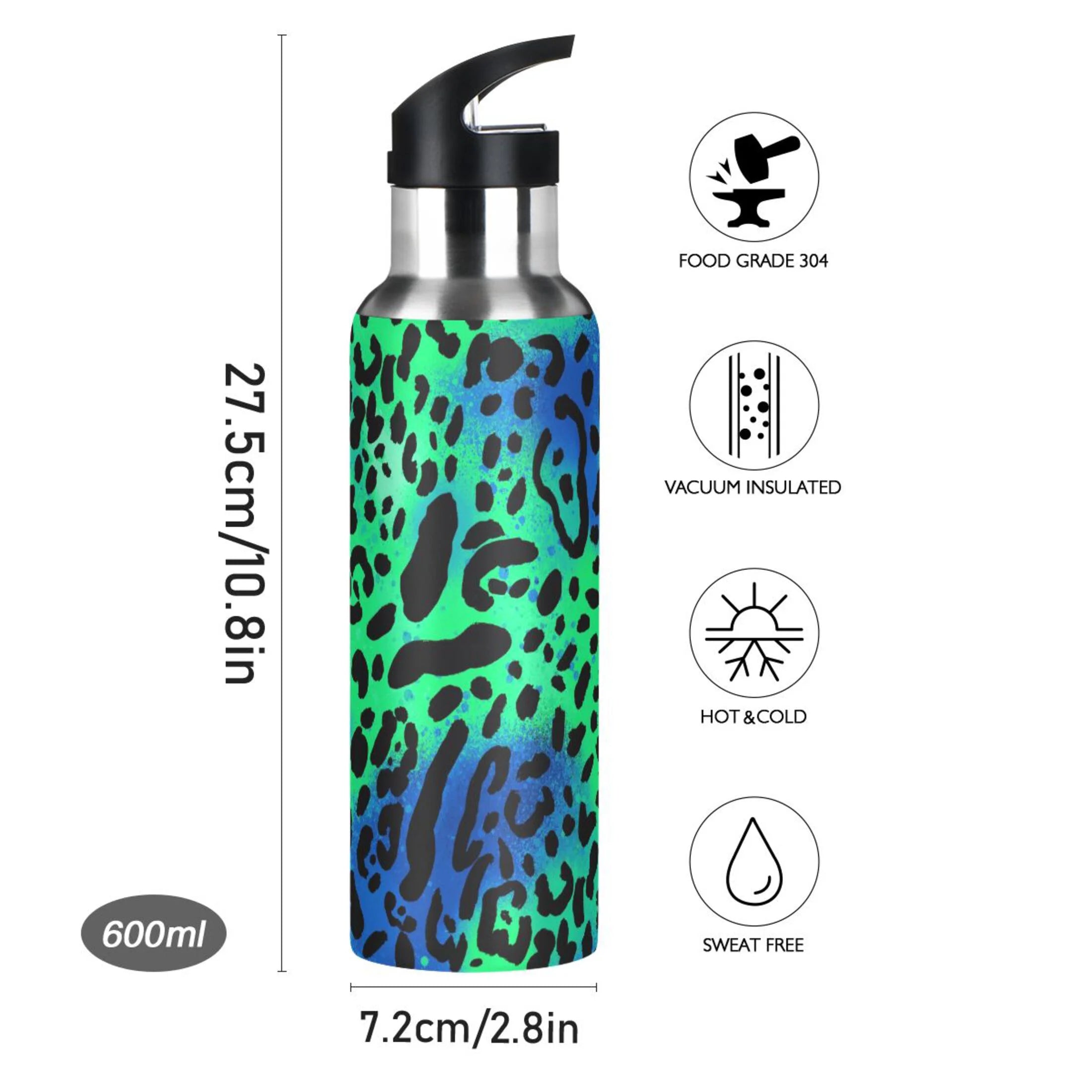 Green Blue Leopard 20 OZ Vacuum Insulated Stainless Steel Water Bottle with Straw Lid Z38404
