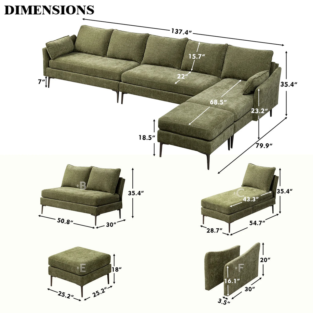 Green Chenille L Shaped Sectional Sofa with Chaise Lounge and Ottman F500052