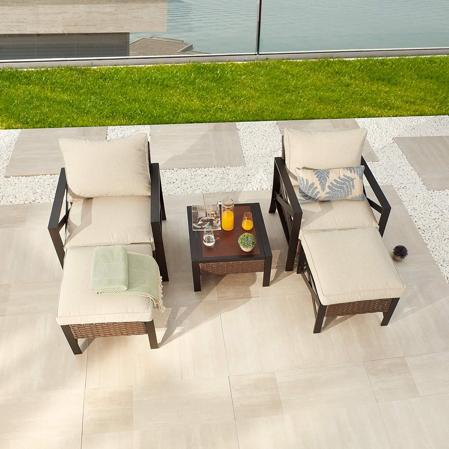 5 Piece Outdoor Wicker Conversation Sofa Set with Cushion and Coffee Table D362