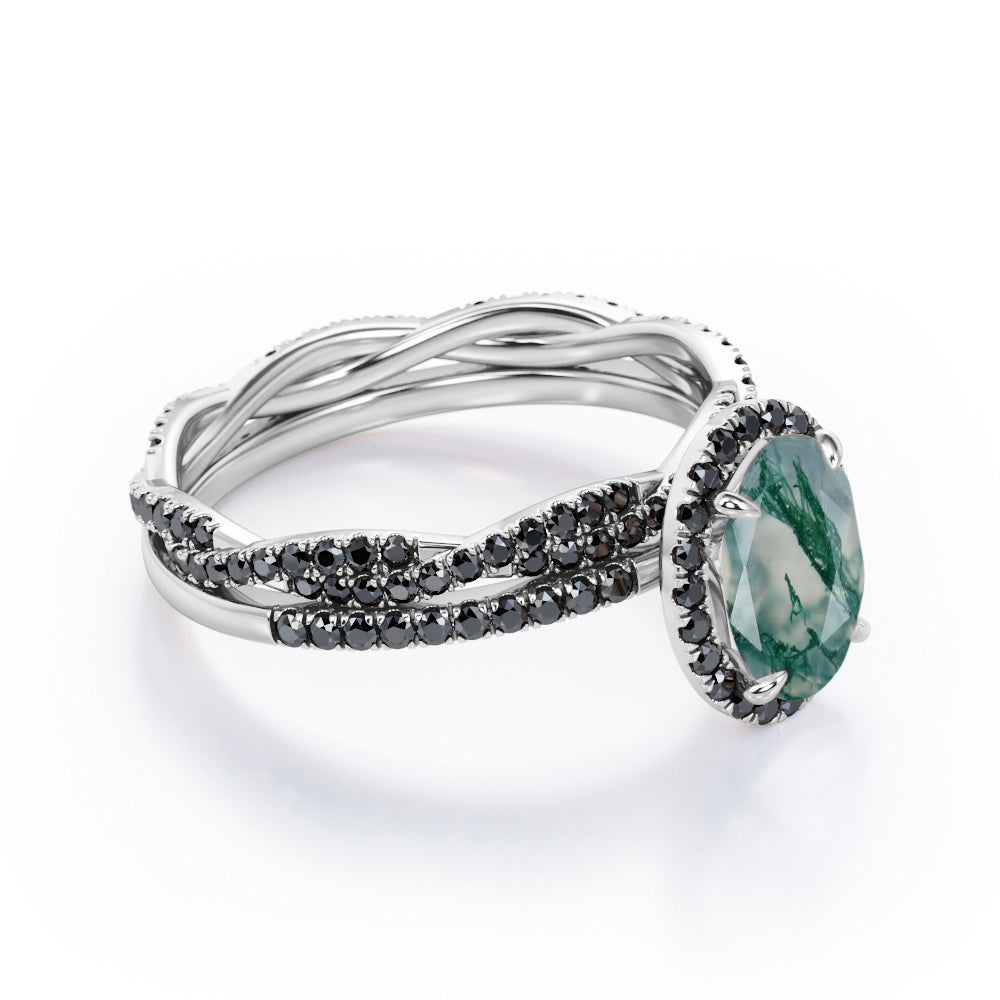18K Gold over Silver Oval-Shaped Moss Green Agate Bridal Set J8921