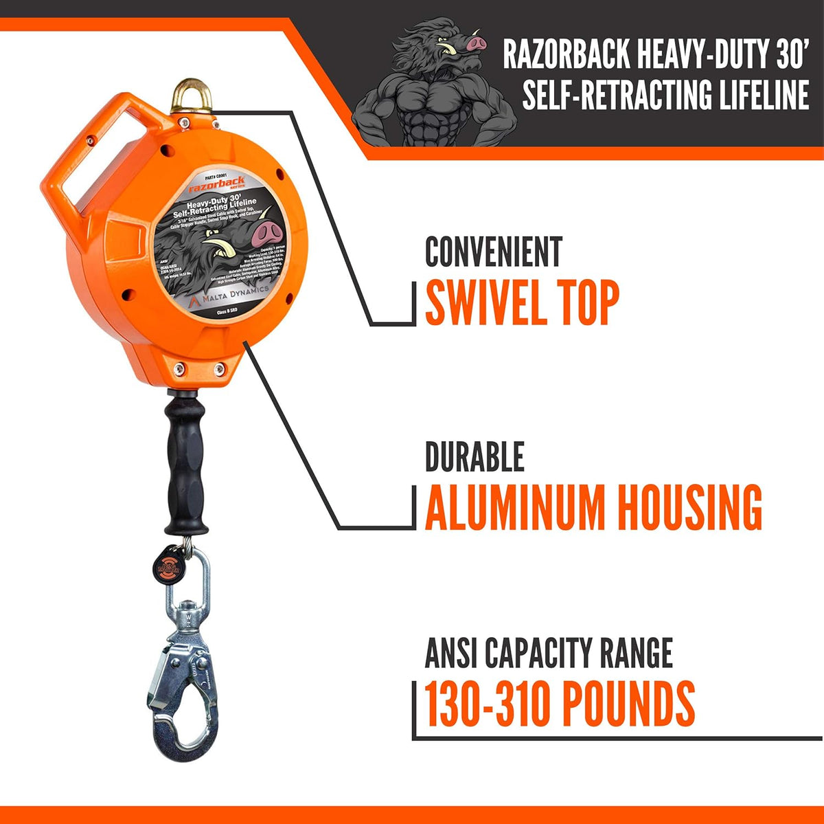 20' Heavy-Duty Self Retracting Lifeline Galvanized Cable H80842