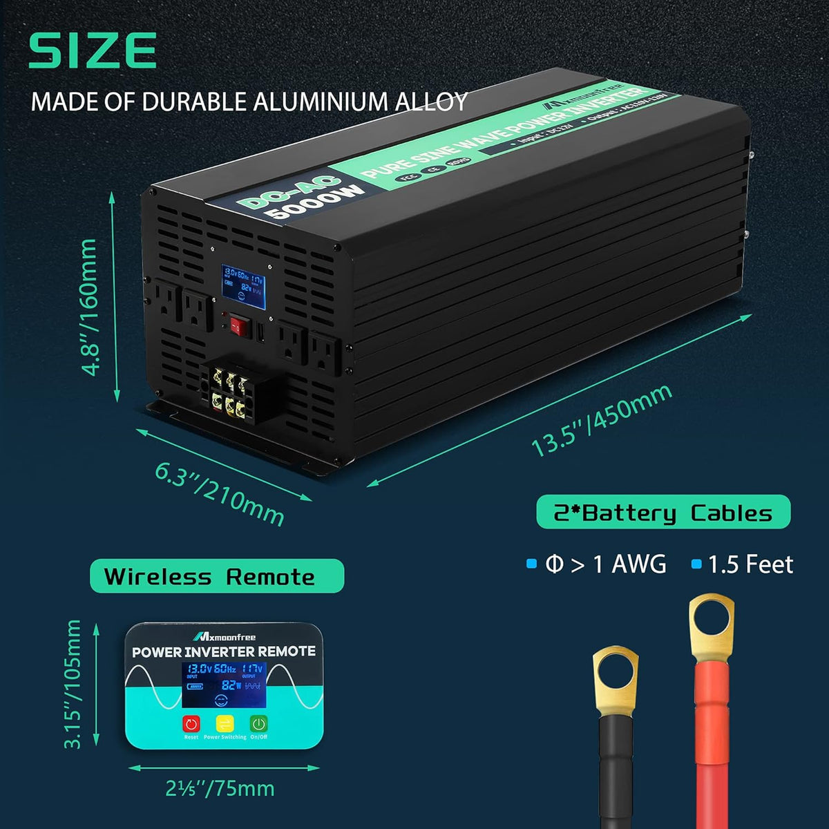 5000W Pure Sine Wave Power Inverter 12V DC to 110V AC with Wireless Remote Control LCD Display Q815