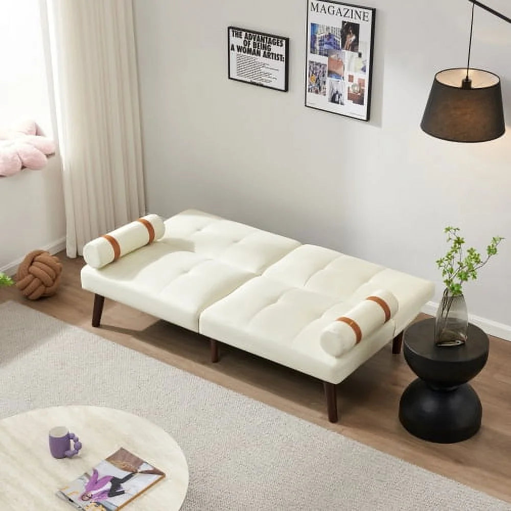 Ivory Linen Convertible Sofa Bed Futon with Solid Wood Legs W580