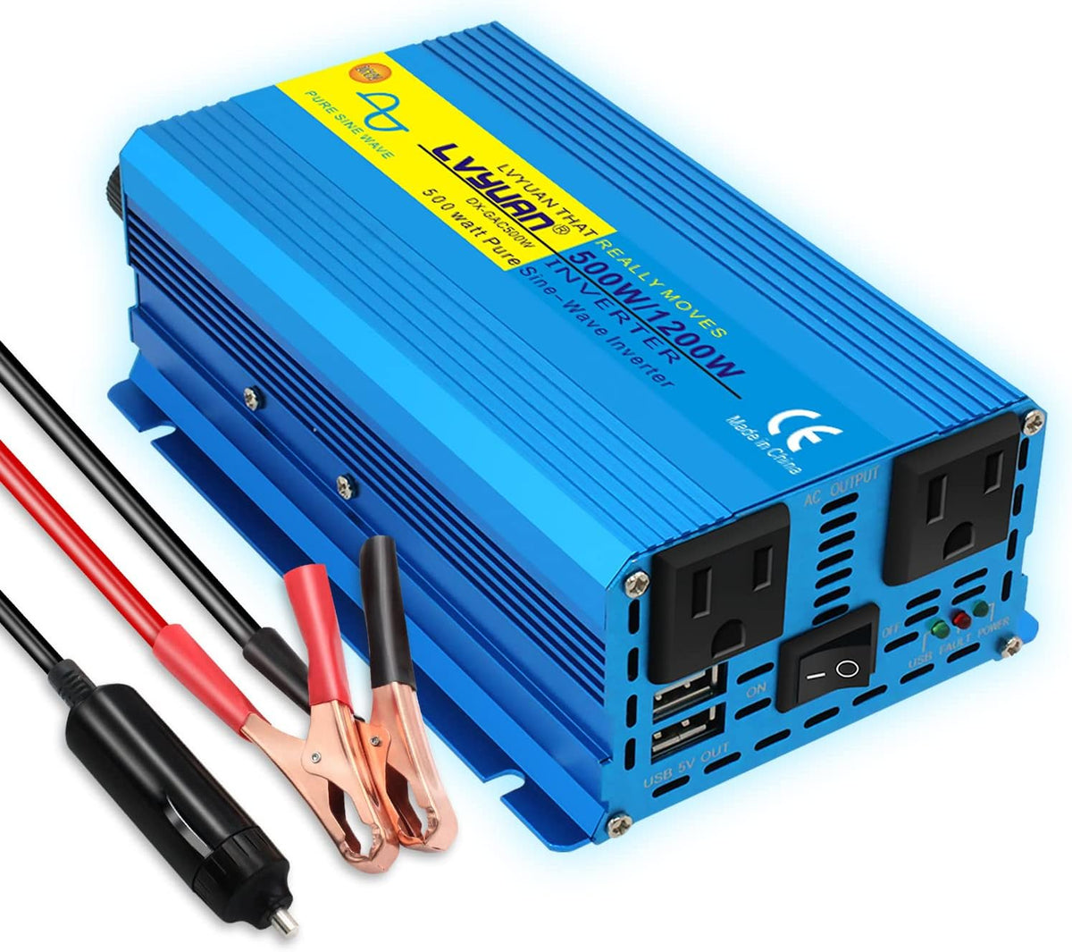 Pure Sine Wave Inverter 500 Watts 12V to 110V DC to AC with Dual AC Sockets and Dual USB Ports H695
