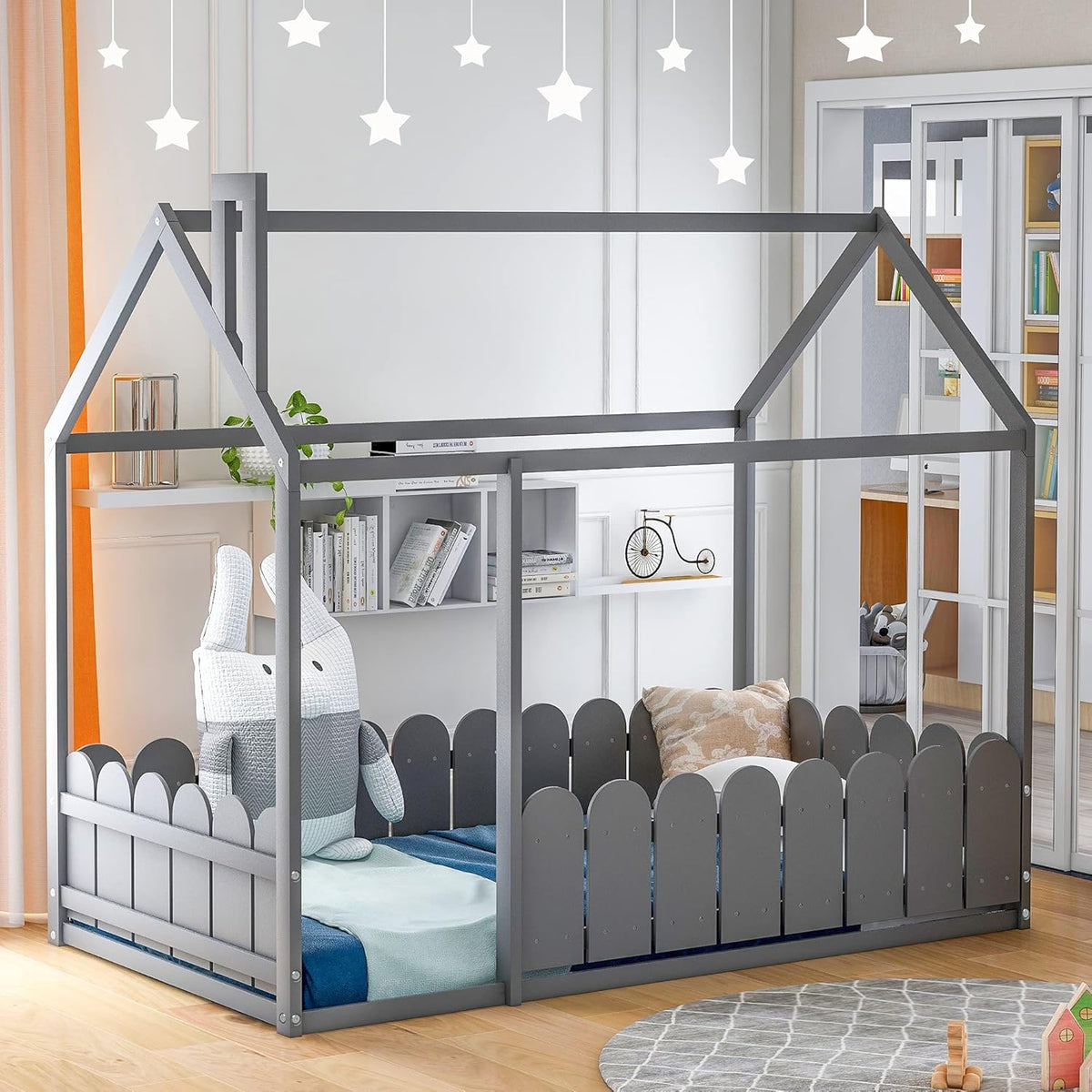 White Full Size Pine Wood Cabin Bed with Guardrails W9183