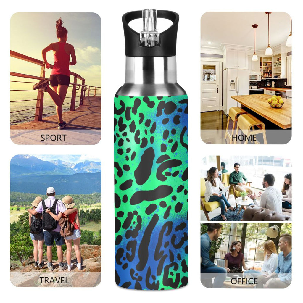 Green Blue Leopard 20 OZ Vacuum Insulated Stainless Steel Water Bottle with Straw Lid Z38404