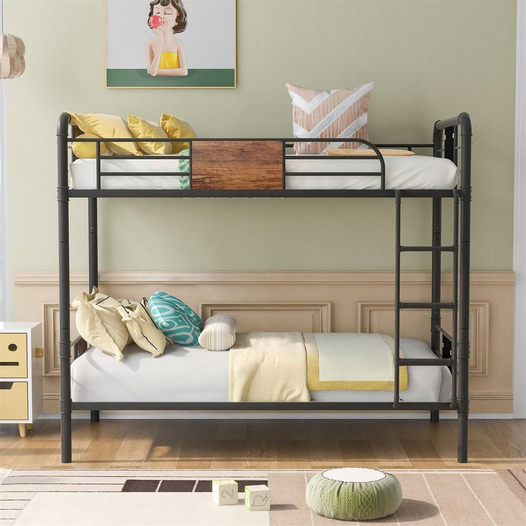 Black Metal and Wood Twin Over Twin Bunk Bed L7901