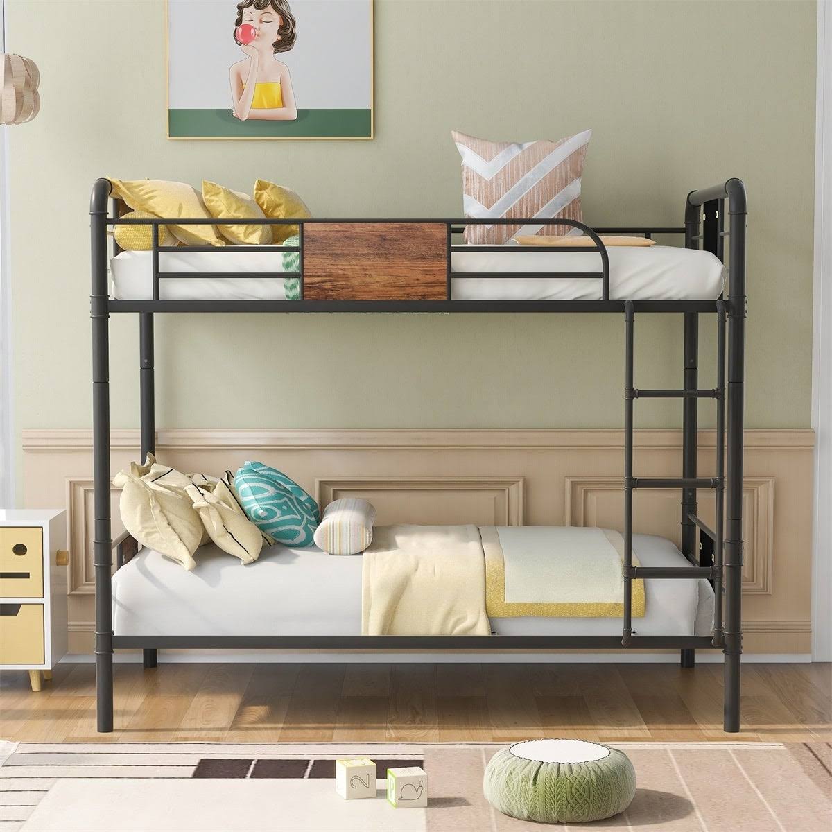 Black Metal and Wood Twin Over Twin Bunk Bed L7901