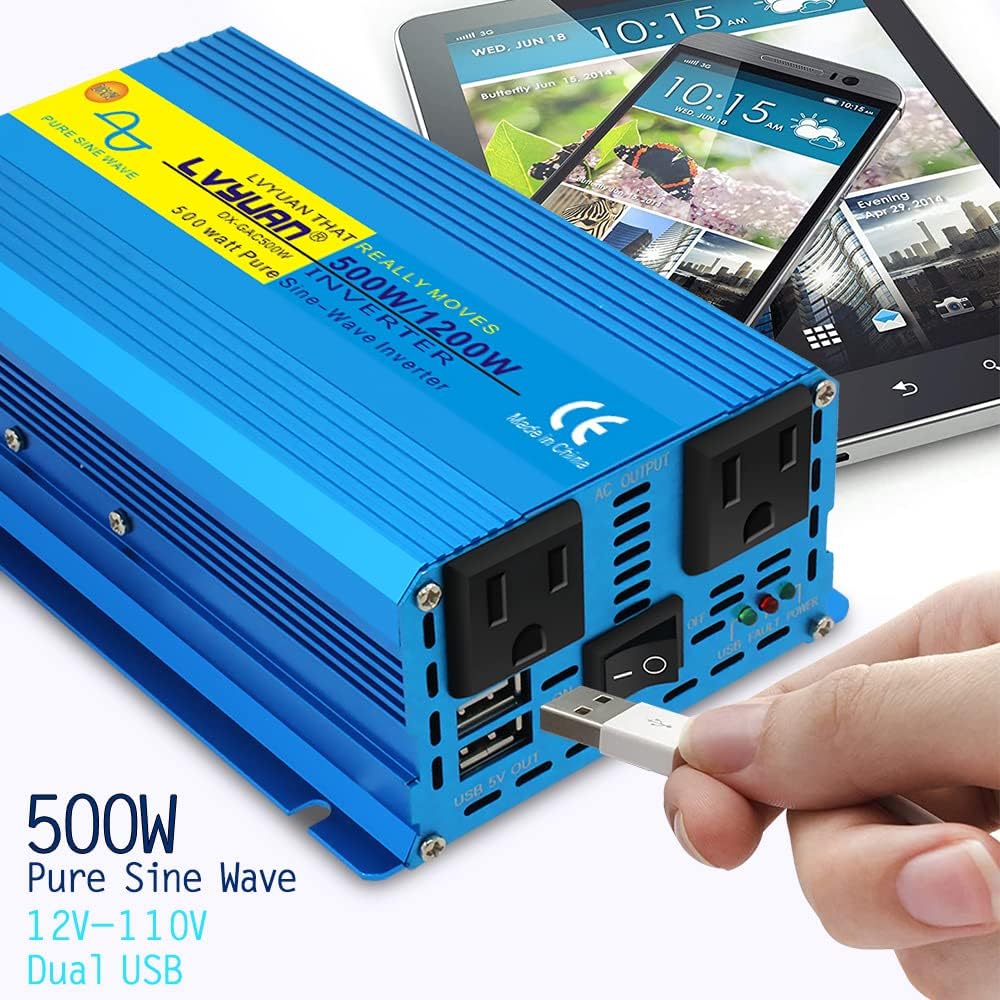Pure Sine Wave Inverter 500 Watts 12V to 110V DC to AC with Dual AC Sockets and Dual USB Ports H695