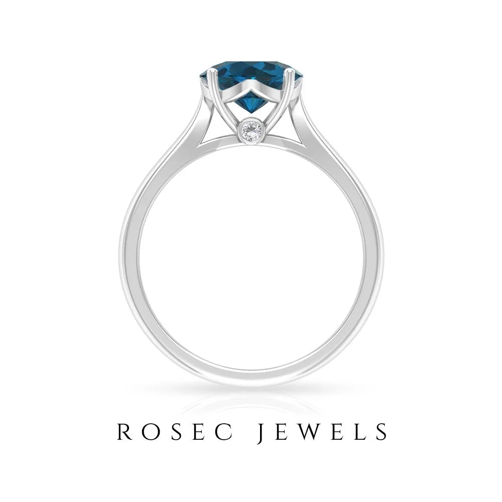London Blue Topaz Solitaire Ring with Diamond (8 mm) - 2 CT, 925 Sterling Silver, US 4.50 C6250