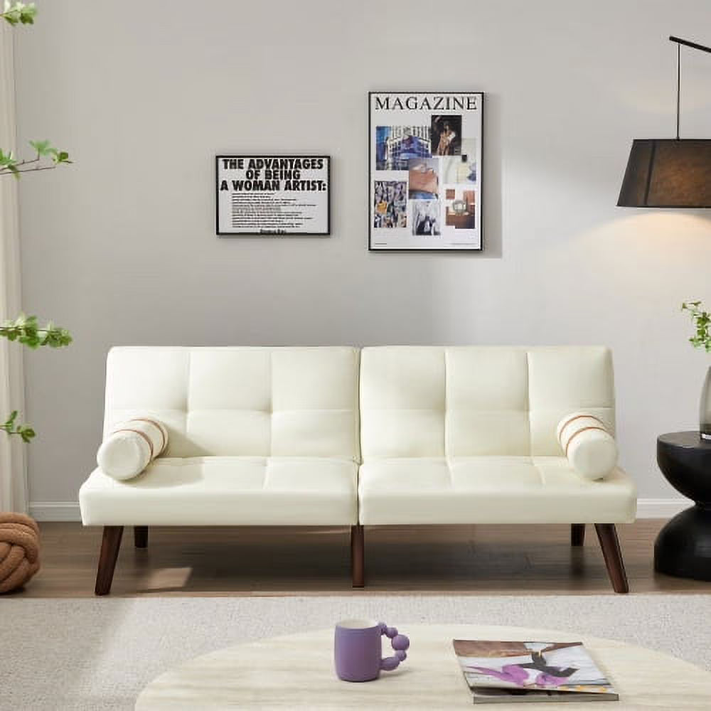 Ivory Linen Convertible Sofa Bed Futon with Solid Wood Legs W580