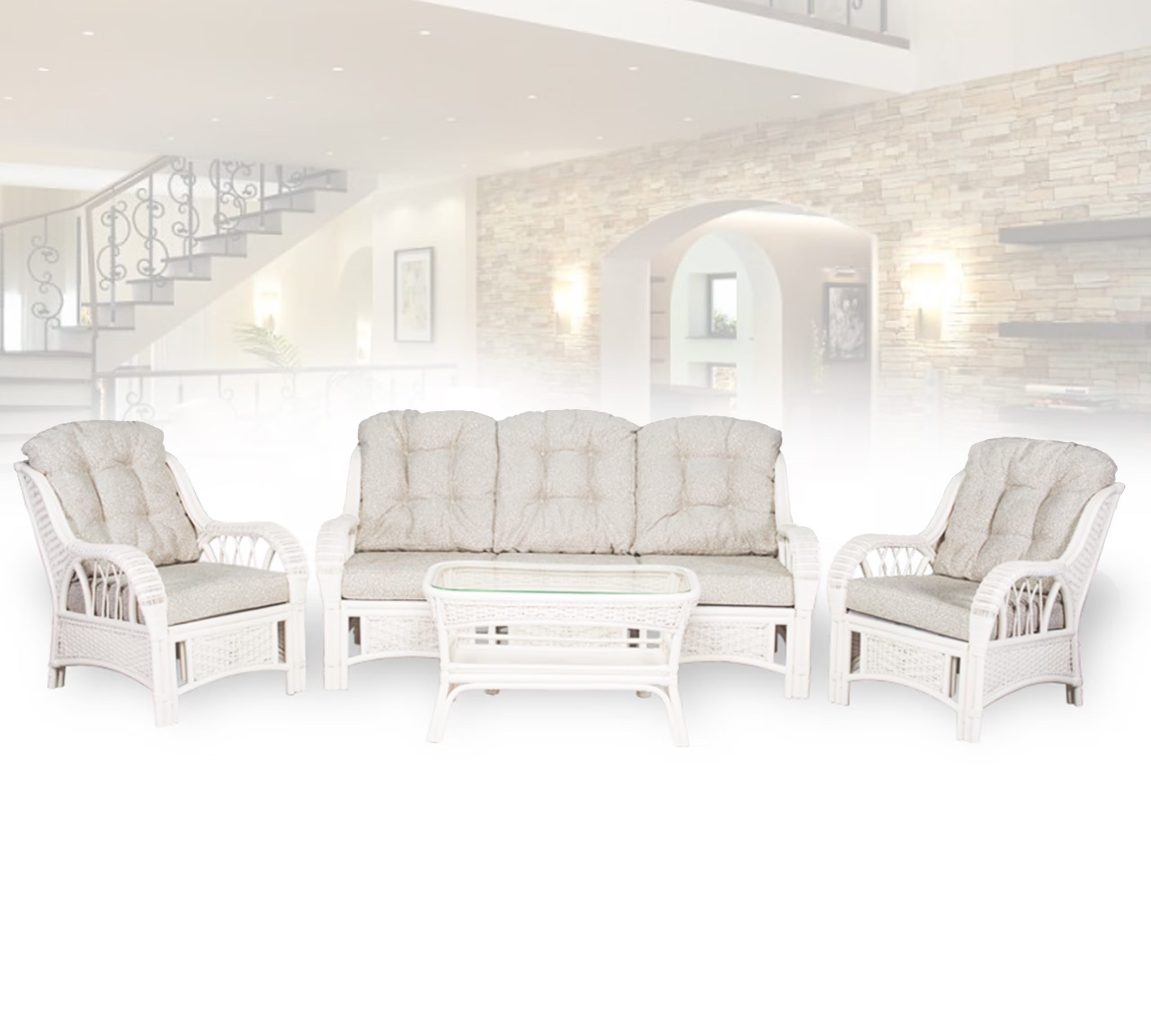 Rattan Wicker Living Room Set 4 Pieces: 2 Lounge Chair ThreeSeater/Sofa Coffee Table White Color with Cushion U3566