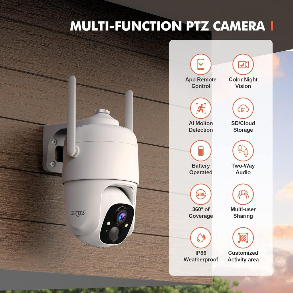 Wireless Security Camera Outdoor WiFi Battery Powered 360° PTZ Color Night Vision IP66 N388678