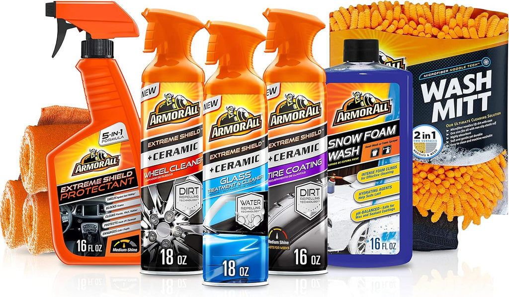 Ceramic Glass Cleaner, Car Wash, Wheel and Tire Cleaner, UV Protectant, 4 Microfiber Accessories, 9 Items Car Detailing Kit S8795