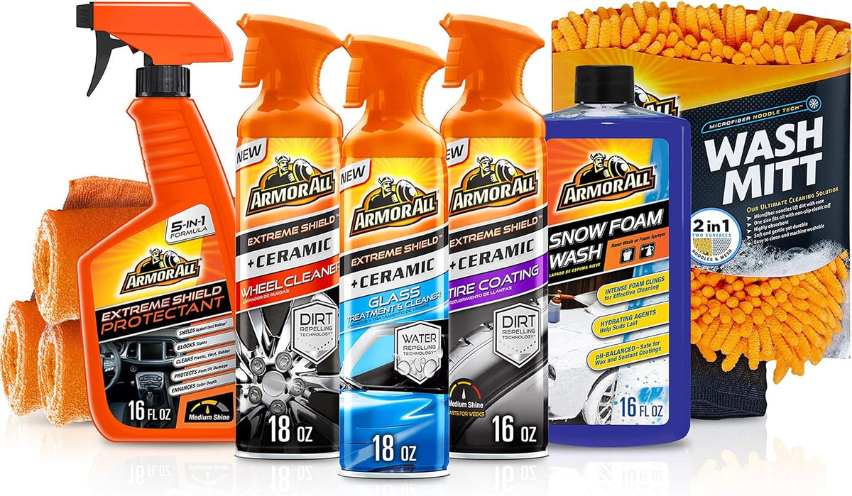 Ceramic Glass Cleaner, Car Wash, Wheel and Tire Cleaner, UV Protectant, 4 Microfiber Accessories, 9 Items Car Detailing Kit S8795