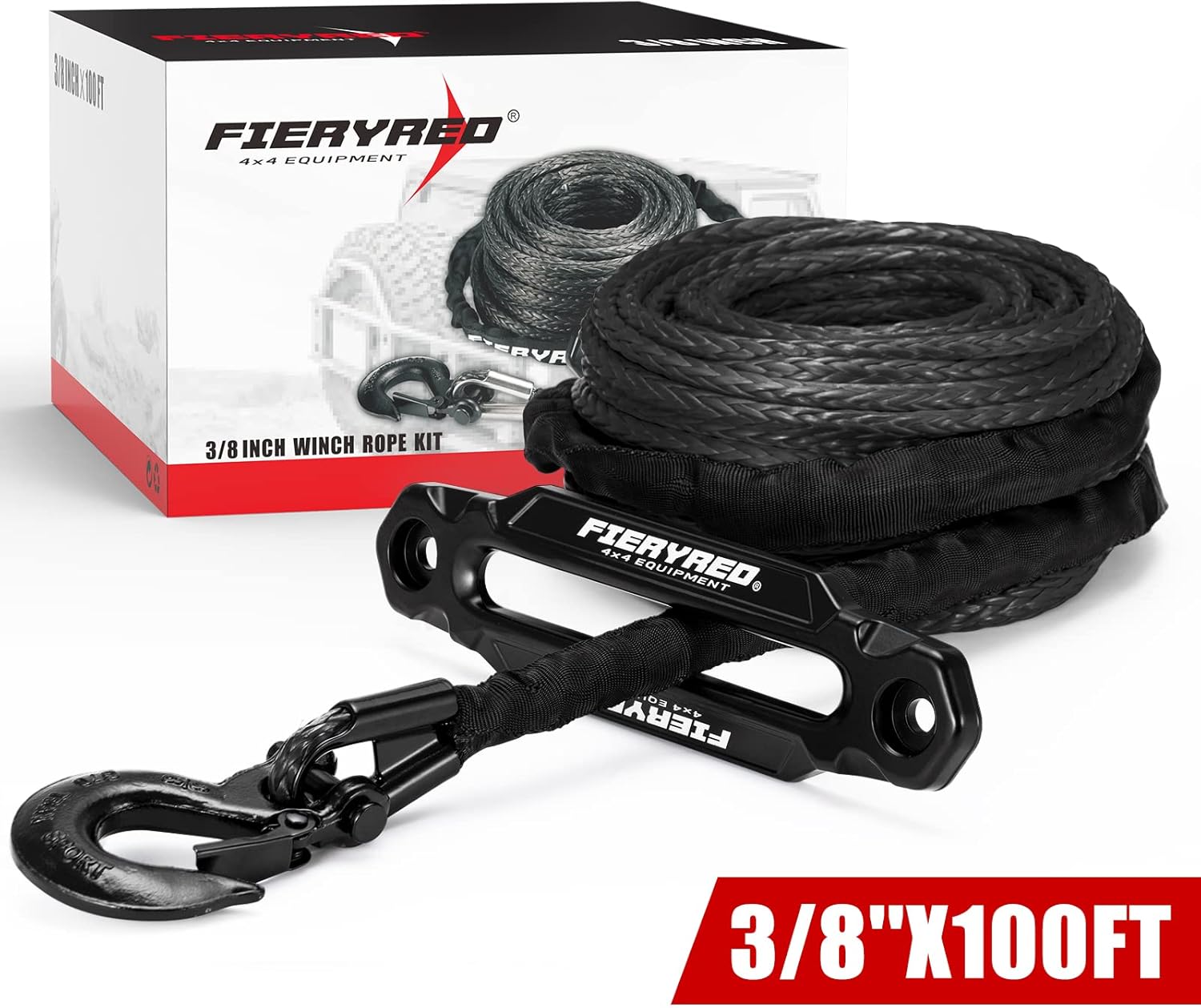 Black 3/16 50FT Synthetic Winch Rope Cable Kit with Forged Hook Fairleads, Pack of 2 W2093