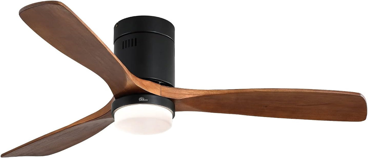 Low Profile Ceiling Fan With Lights 3 Carved Wood Fan Blade Remote Control L7487