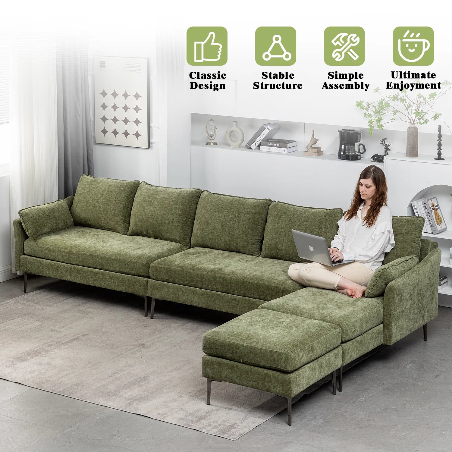Green Chenille L Shaped Sectional Sofa with Chaise Lounge and Ottman F500052