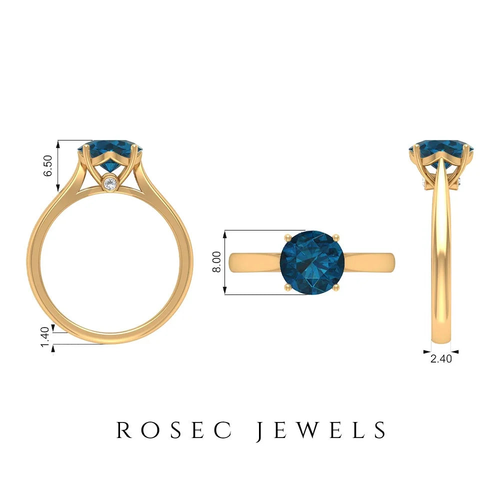 London Blue Topaz Solitaire Ring with Diamond (8 mm) - 2 CT, 925 Sterling Silver, US 4.50 C6250