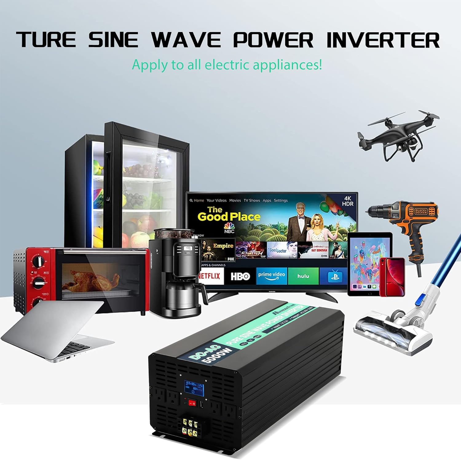5000W Pure Sine Wave Power Inverter 12V DC to 110V AC with Wireless Remote Control LCD Display Q815