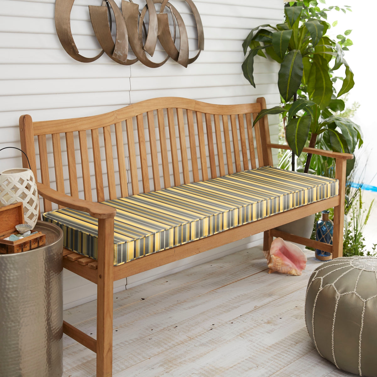 Sunbrella Yellow Grey Stripe Indoor/Outdoor Bench Cushion 37" to 48", Corded 37 in w x 17 in d D47872