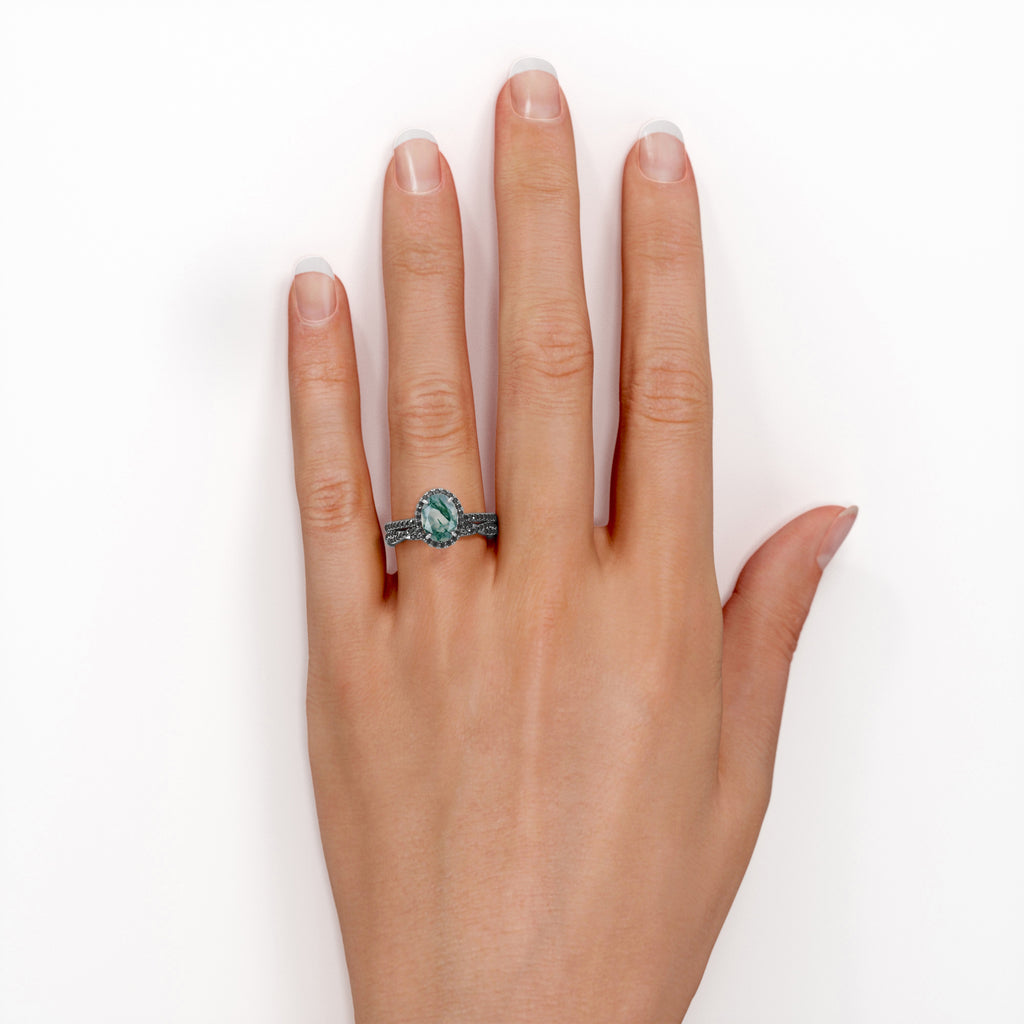 18K Gold over Silver Oval-Shaped Moss Green Agate Bridal Set J8921