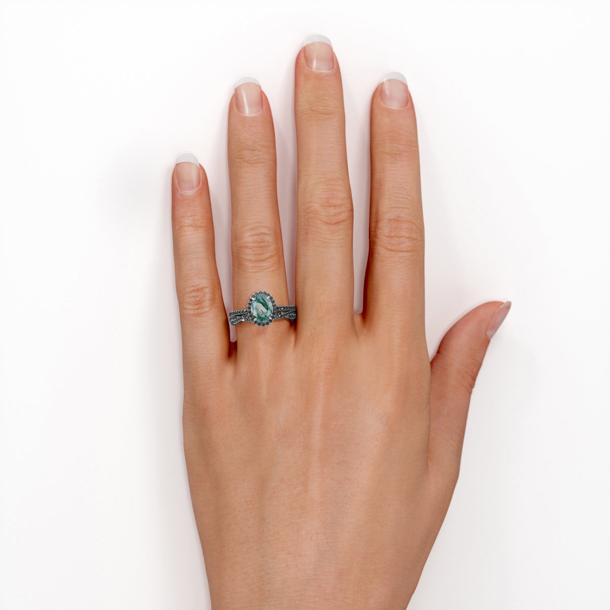 18K Gold over Silver Oval-Shaped Moss Green Agate Bridal Set J8921