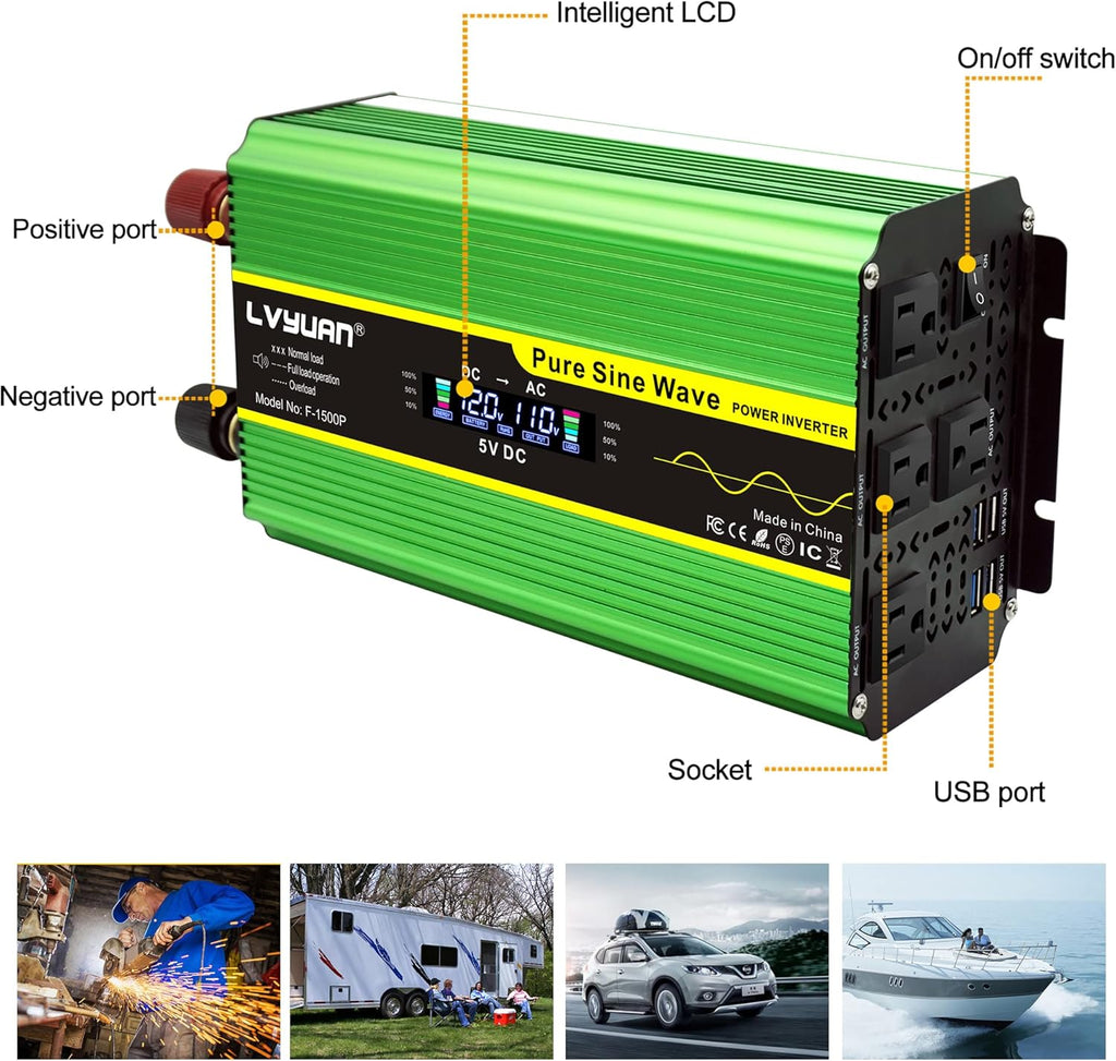 Pure Sine Wave Inverter 500 Watts 12V to 110V DC to AC with Dual AC Sockets and Dual USB Ports H695