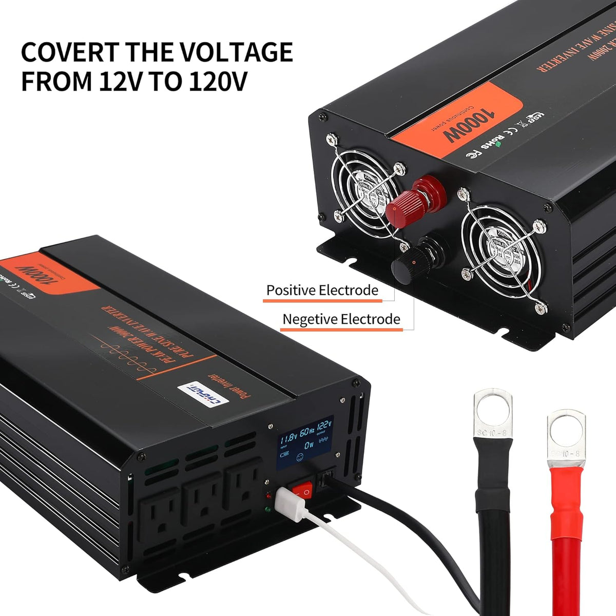 1000W Pure Sine Wave Power Inverter DC 12V to AC 120V with LCD Display Remote Control USB Port Z892564