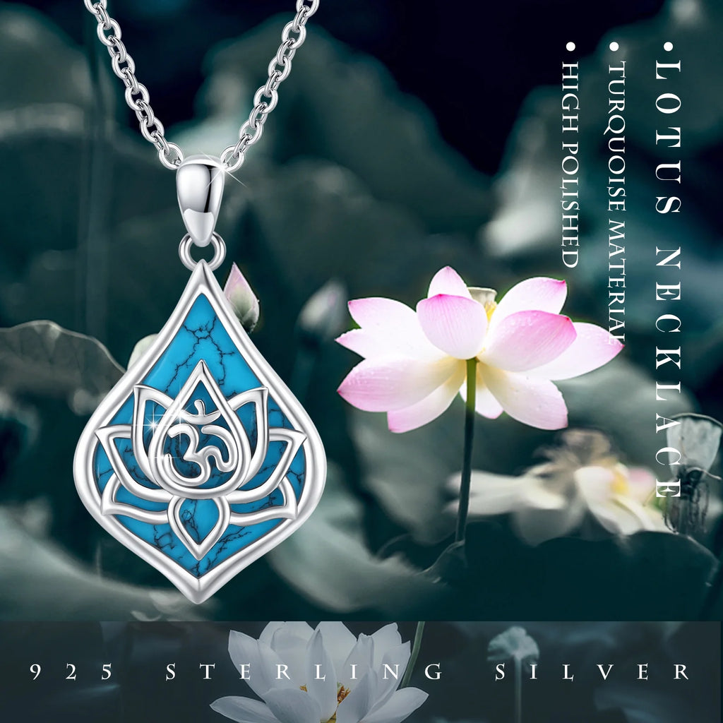 Lotus Pendant Necklace 925 Sterling Silver Turquoise Jewelry 18K White Gold Plated A718