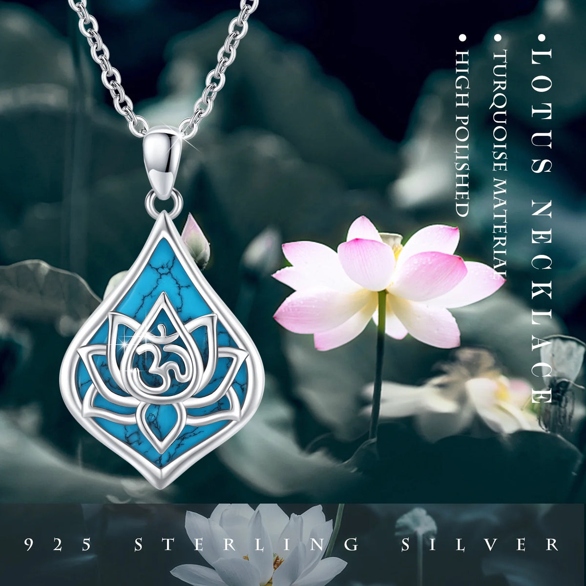 Lotus Pendant Necklace 925 Sterling Silver Turquoise Jewelry 18K White Gold Plated A718