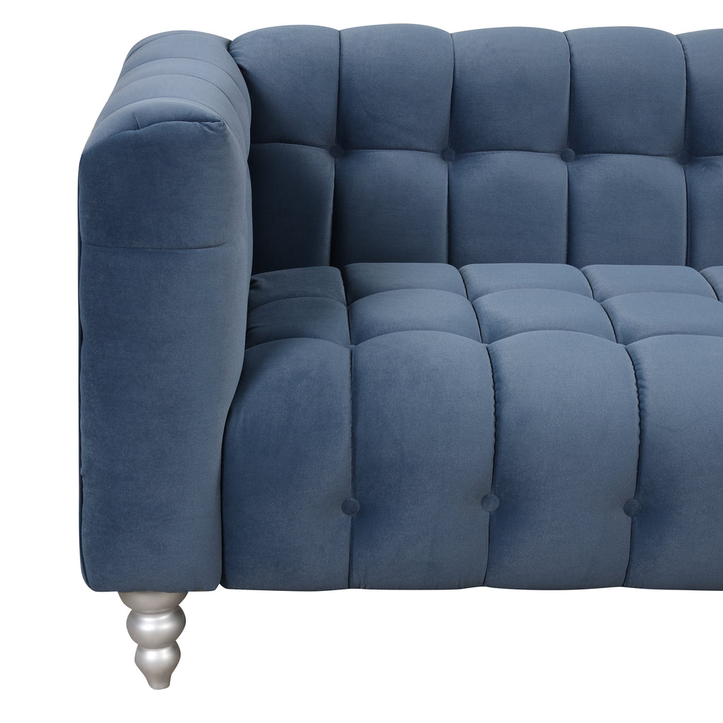 Blue Buttoned Tufted Sofa with Solid Wood Legs G79277