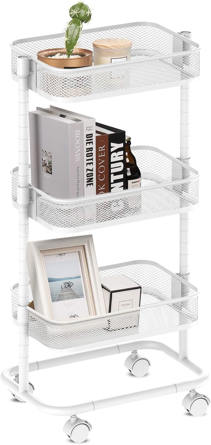 White 3-Tier Metal Rolling Utility Cart with Lockable Wheels T359374