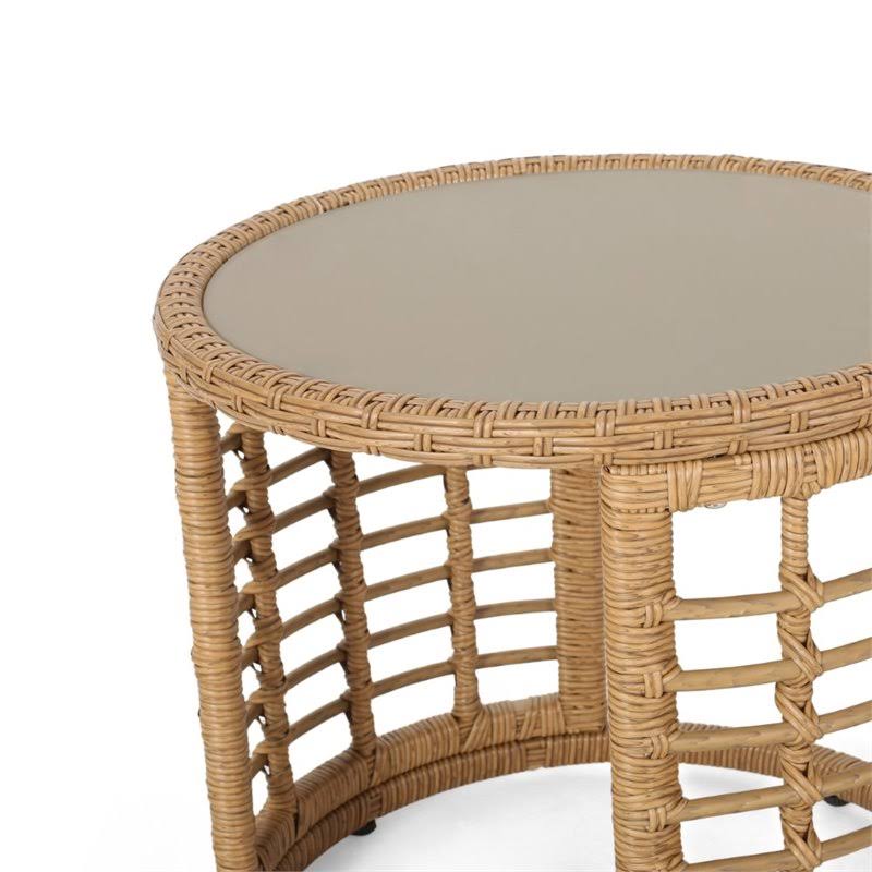 Tempered Glass Top Wicker Side Table in Light Brown B1941