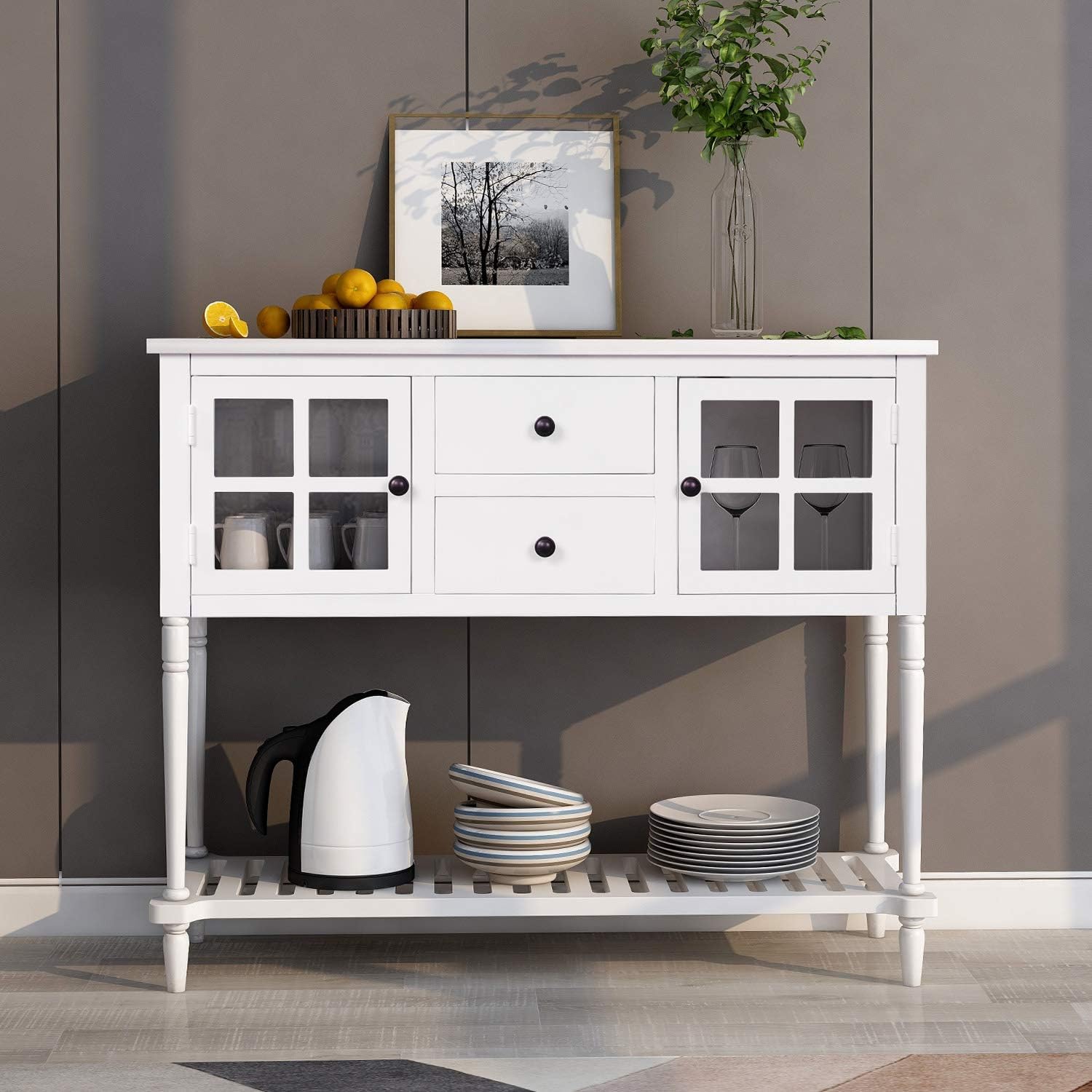 Antique Navy Console Table with Glass Doors and Drawers Z9848