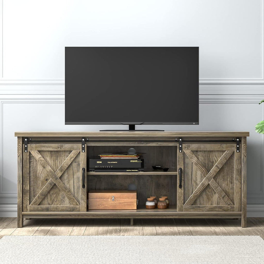 Brown Wooden TV Stand with 2 Sliding Barn Doors G681793