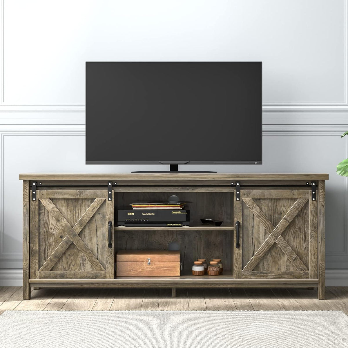 Brown Wooden TV Stand with 2 Sliding Barn Doors G681793