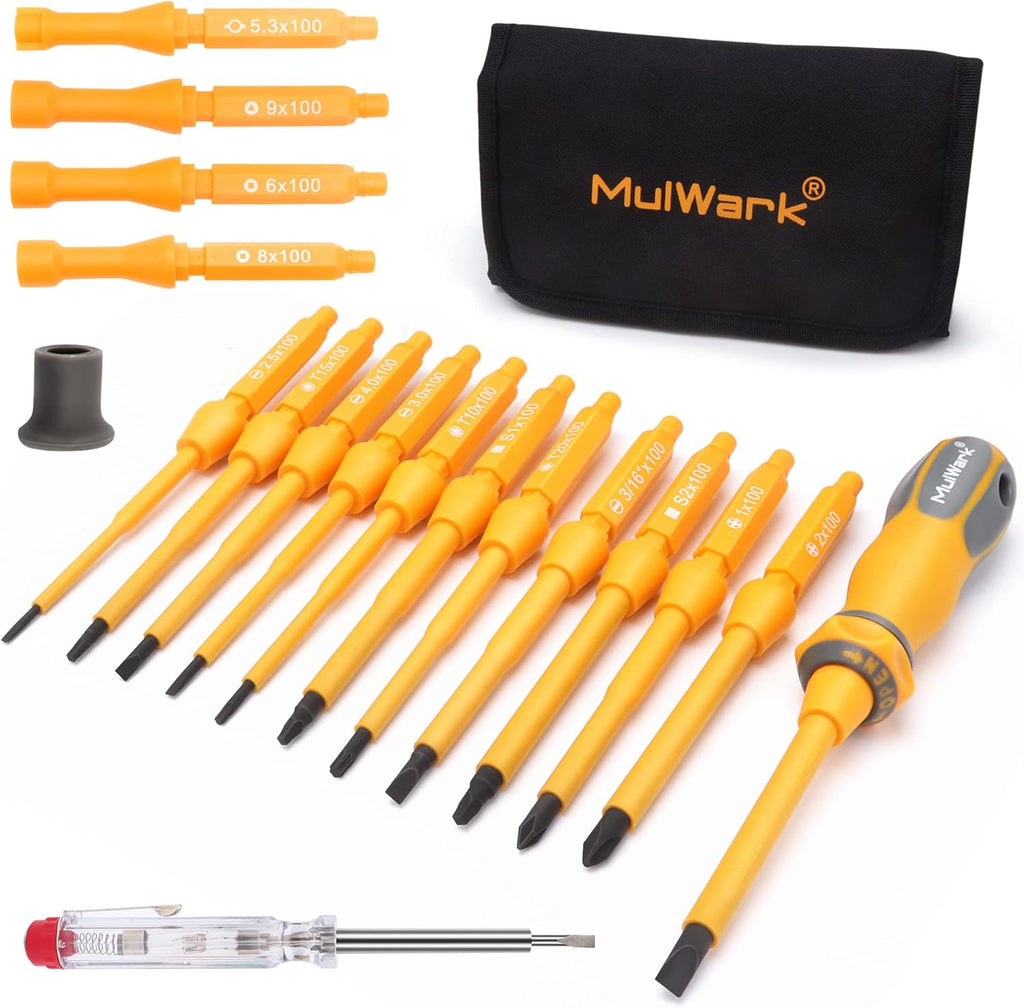 20-in-1 1000V Insulated Screwdriver Set, 12-Pcs Magnetic Phillips Slotted Square Torx Screwdriver, 4-Pcs Cabinet Utility Key & Tool Bag T780