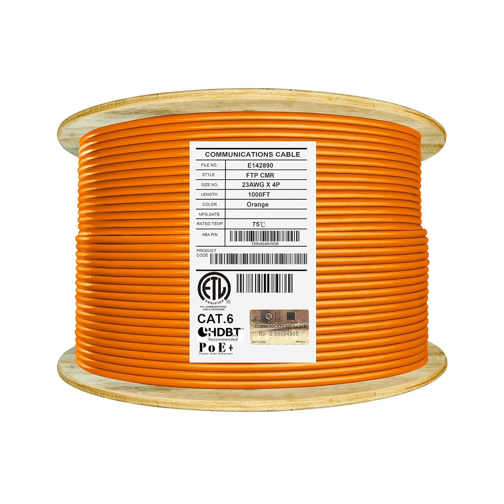 Bulk Ethernet Cable Reel, Cat6 Shielded Riser, 1000ft, Black M558274
