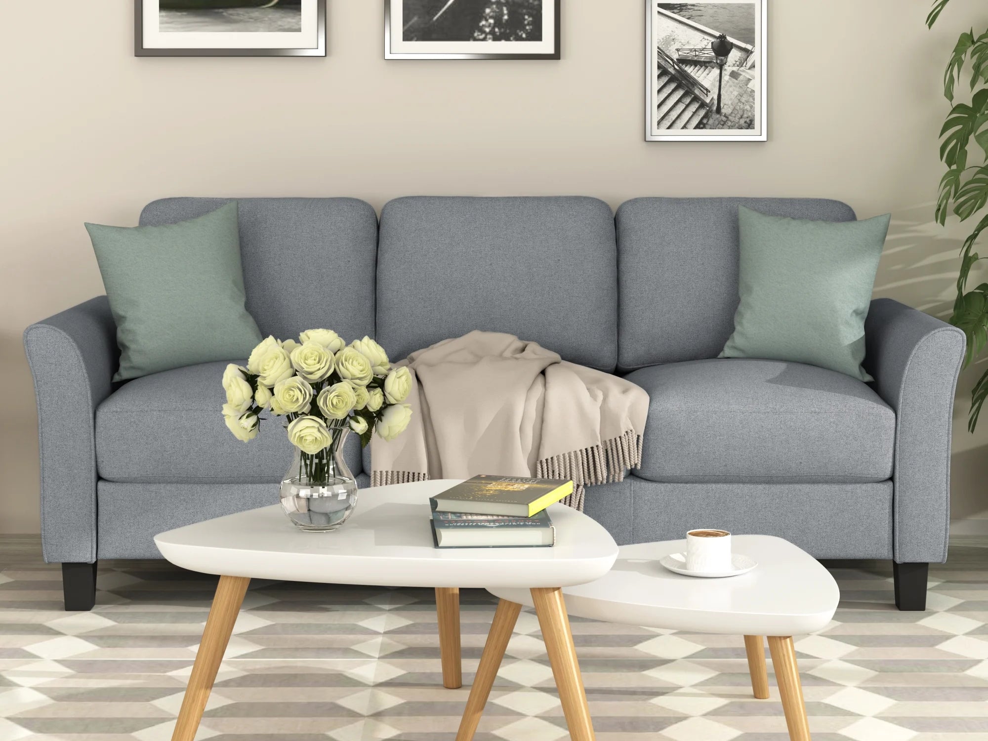 Gray Linen 3-Seat Sofa K449