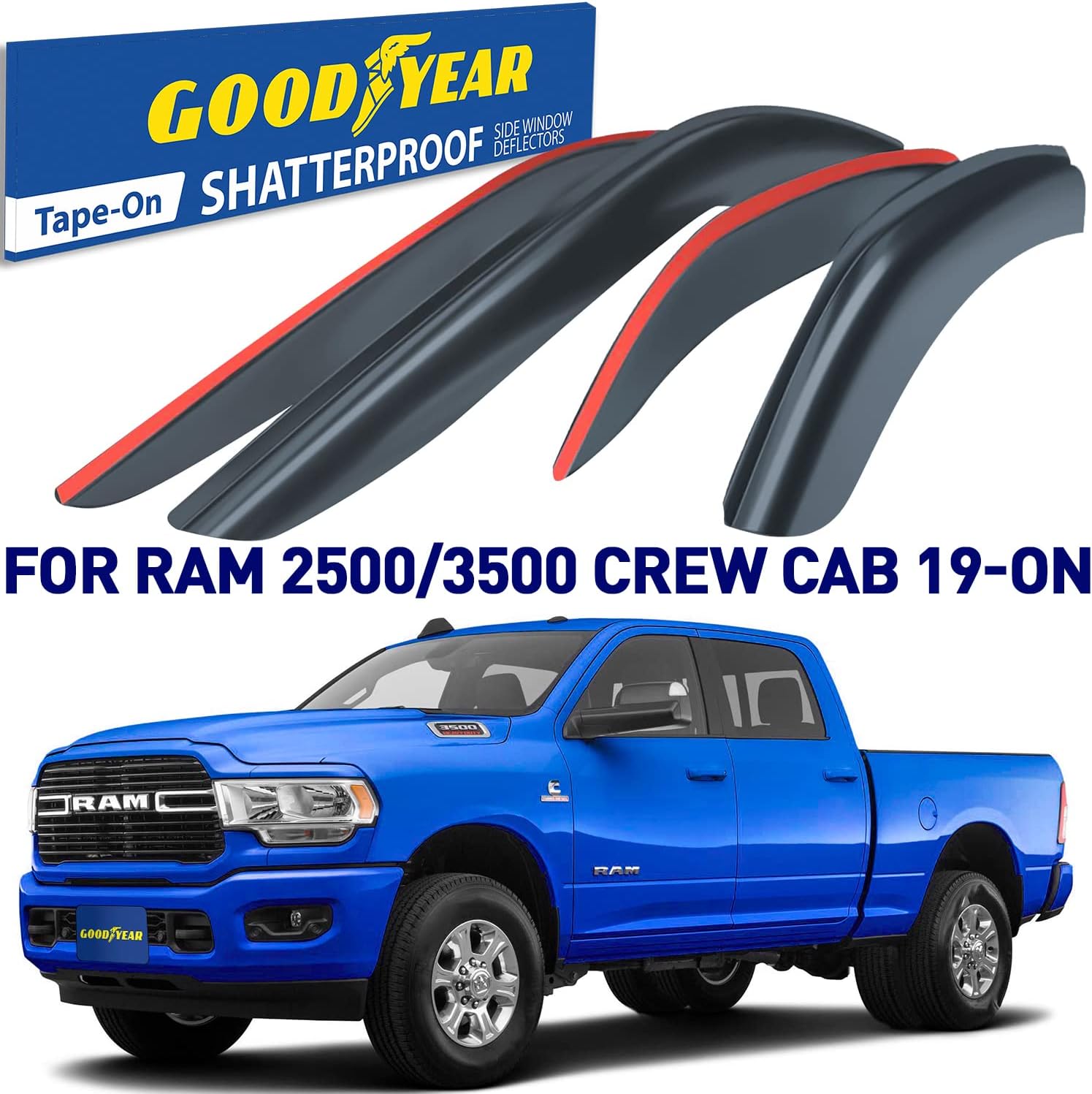 Shatterproof Side Window Deflectors for Dodge RAM 2500 3500 2019-2022 Crew Cab, Tape-on Rain Guards, 4pcs O306
