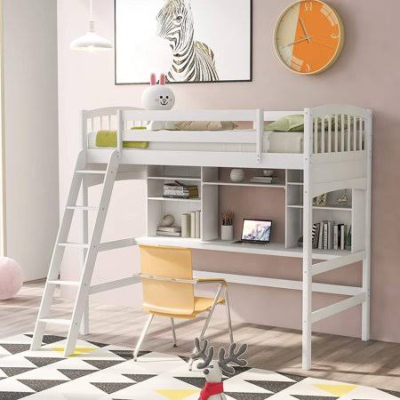 Twin Solid Wood Loft Bed with Desk and Storage Shelves U65629