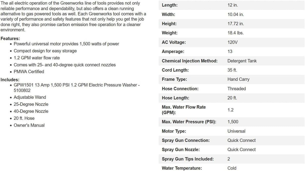 1500 PSI 1.2 GPM Pressure Washer R61382