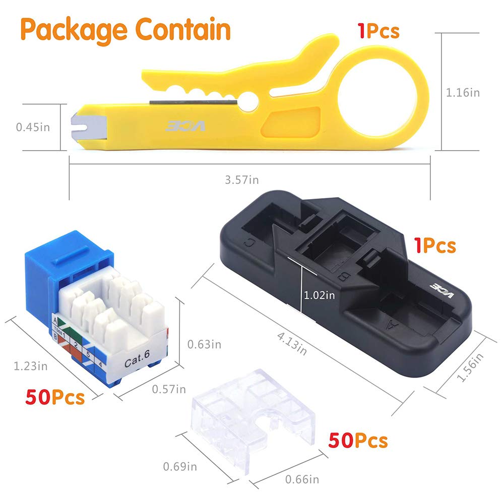 50-Pack RJ45 Cat6 90-Degree Keystone Jack Insert with Punch Down Stand Tool and Wire Stripper Cutter O370180